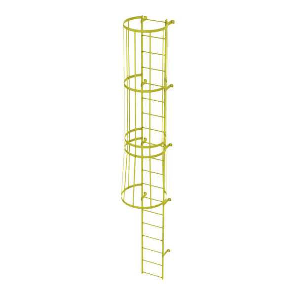 A yellow steel fixed ladder with a safety cage and 19 rungs designed for industrial use.