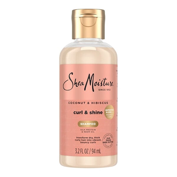 A 3.2 fl. oz. bottle of Shea Moisture Coconut & Hibiscus Curl & Shine Shampoo.
