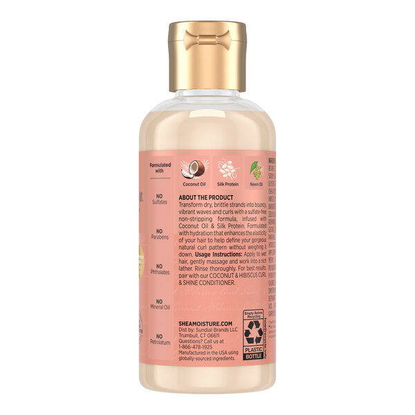 A 3.2 fl. oz. bottle of Shea Moisture Curl + Shine Coconut and Hibiscus Shampoo.
