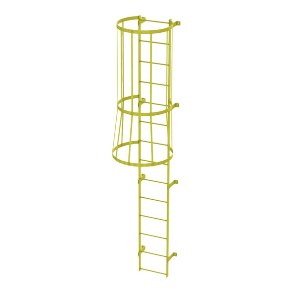 A yellow steel fixed ladder with a safety cage and 14 rungs.
