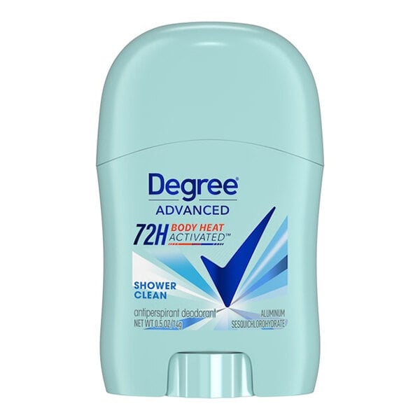 A small 0.5 oz stick of Degree Advanced Shower Clean antiperspirant deodorant.
