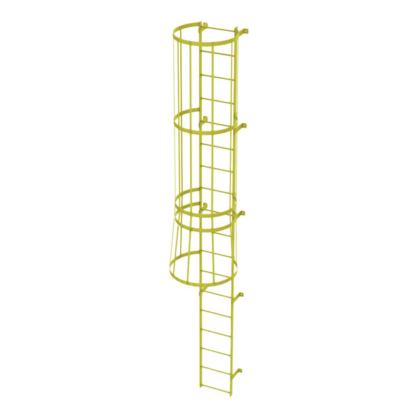 A yellow steel fixed ladder with an attached safety cage and 18 rungs.