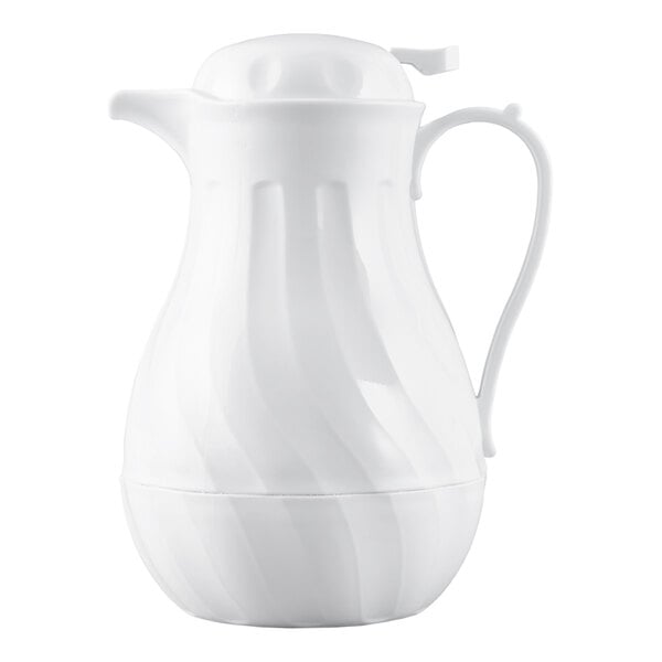 A white thermal swirl coffee carafe with a handle and spout.