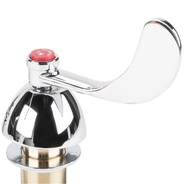 A chrome T&S deck-mount faucet with gooseneck and wrist action handles.