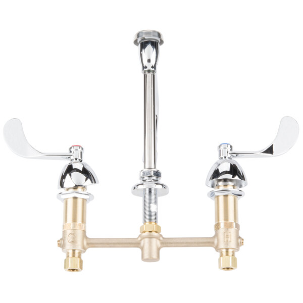 A T&S deck-mount faucet with 8" gooseneck and 4" wrist action handles.