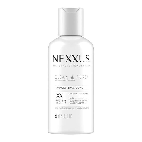 A white bottle of Nexxus Clean & Pure shampoo, 3 fl. oz. size.