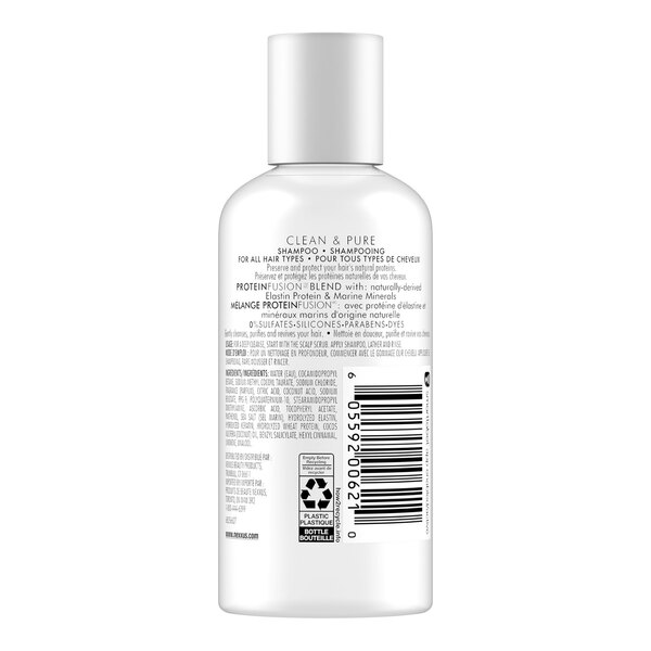 A small white plastic bottle of Nexxus Clean + Pure shampoo, 3 fluid ounces in size.