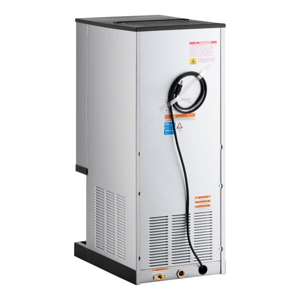 A stainless steel air cooled countertop nugget ice maker and water dispenser with a sensor dispensing system and a 20 lb. bin.