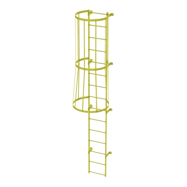A yellow steel fixed ladder with a safety cage and 15 rungs.