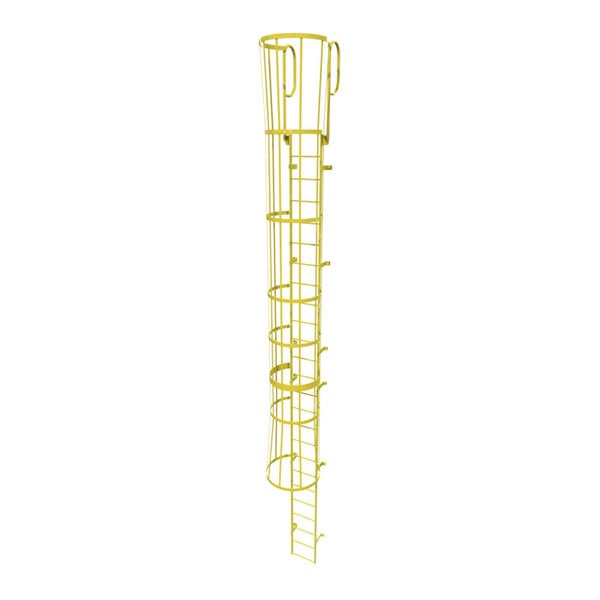 A yellow steel fixed ladder with a safety cage and walk-thru guardrails.