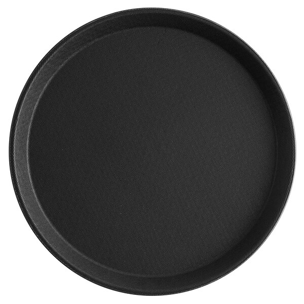 A black round non-skid serving tray.