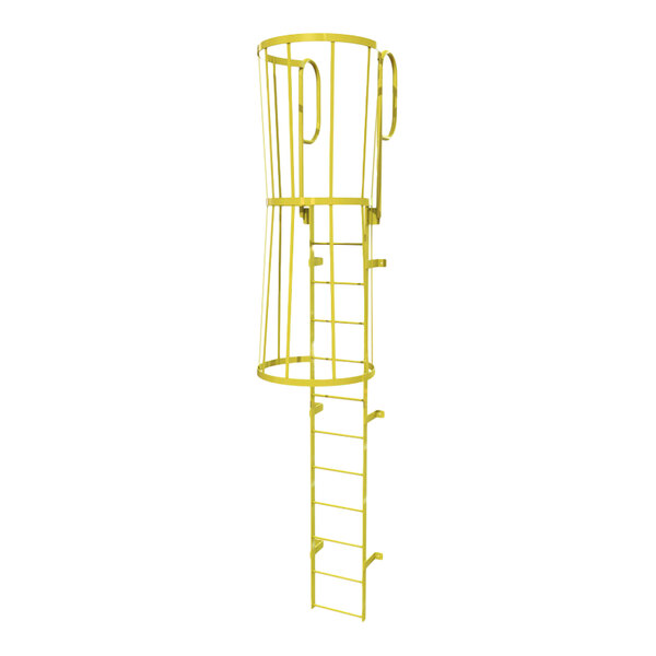 A yellow steel fixed ladder with a safety cage and walk-thru guardrails.