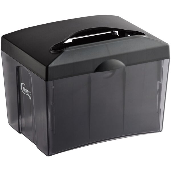 A smoke black tabletop full-fold napkin dispenser with a handle on top.