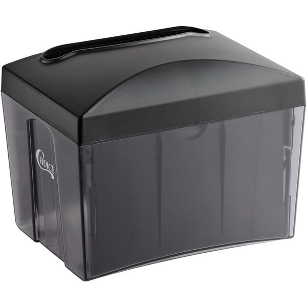 A smoke black tabletop full-fold napkin dispenser with a rectangular shape and a top handle.