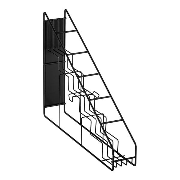 A black stainless steel wire rack with six tiers designed to hold six 750 mL to 1 liter flavoring syrup bottles.