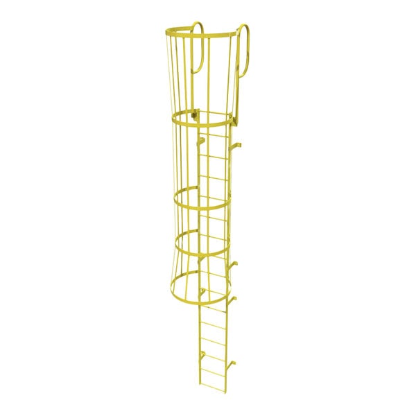 A yellow steel fixed ladder with a safety cage and walk-thru guardrails.