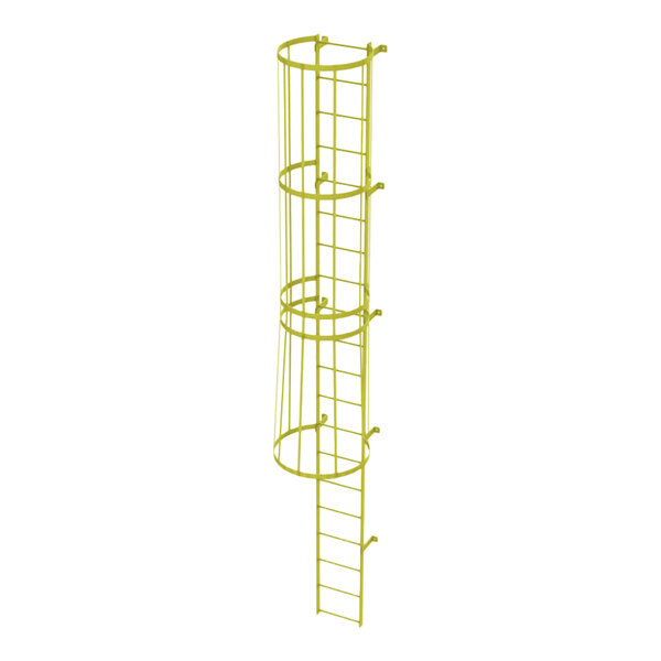 A yellow steel fixed ladder with a safety cage and 20 rungs designed for industrial use.