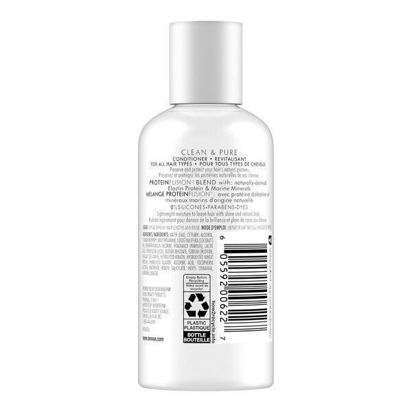 A small white plastic bottle of Nexxus Clean + Pure conditioner, 3 fluid ounces in size.