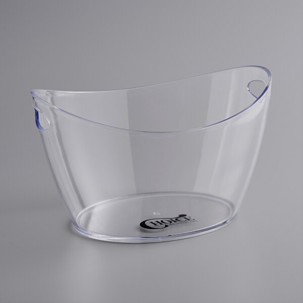 A large clear plastic oval wine bucket with handles, designed to hold up to eight bottles.