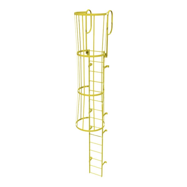 A yellow steel fixed ladder with a safety cage and walk-thru guardrails.