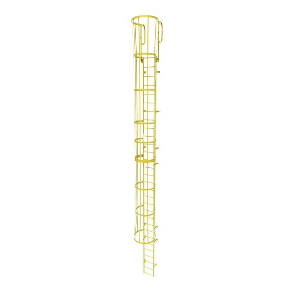 A yellow steel fixed ladder with a safety cage and walk-thru guardrails, featuring 30 rungs and a 350 lb. capacity.