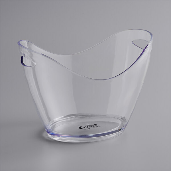 A clear plastic oval wine bucket designed to hold up to four bottles.