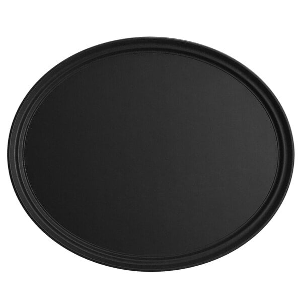 A large black oval non-skid serving tray.