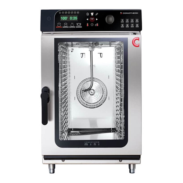 A stainless steel electric combi oven with a glass door, digital controls, and multiple rack positions.