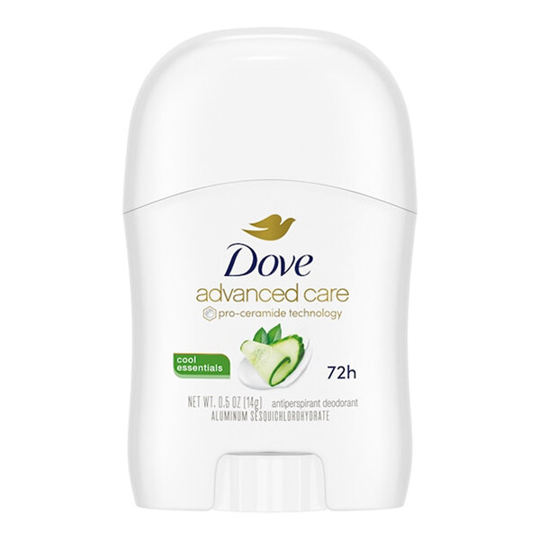 A small stick of Dove Advanced Care Cool Essentials antiperspirant deodorant.