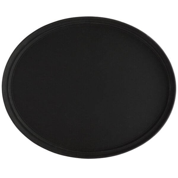 A large black oval non-skid serving tray.