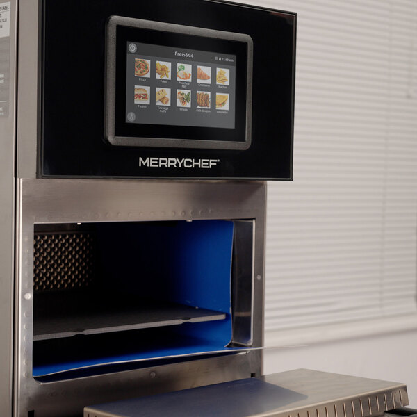 A stainless steel Merrychef commercial oven with a digital touchscreen and a 12-inch cavity liner.