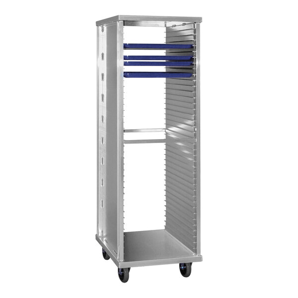 A heavy-duty, full-size mobile aluminum sheet pan rack with enclosed sides and multiple slots for holding pans.