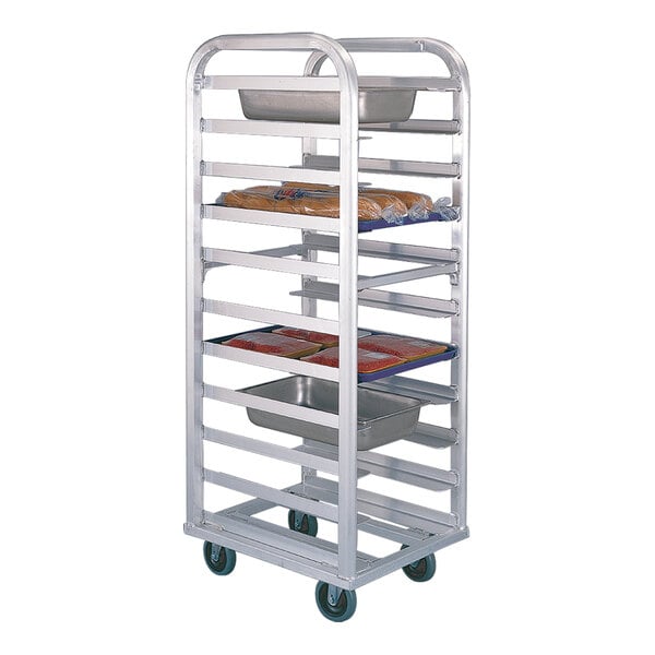 A full-size wide-angle aluminum roll-in rack with multiple shelves and wheels, designed to hold up to 11 pans.