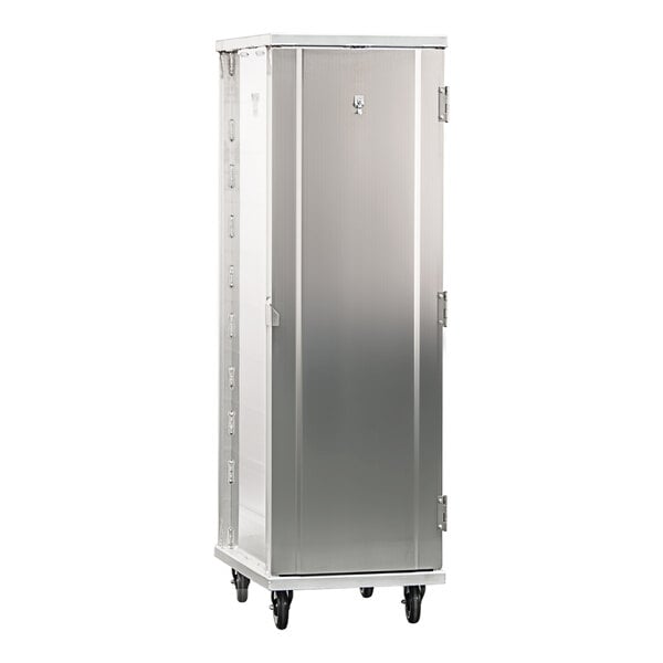 A tall, enclosed, mobile aluminum sheet pan rack with a front door and four caster wheels.