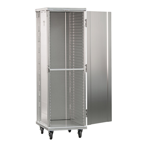 A full-size mobile aluminum enclosed sheet pan rack with an open door and multiple pan slots.