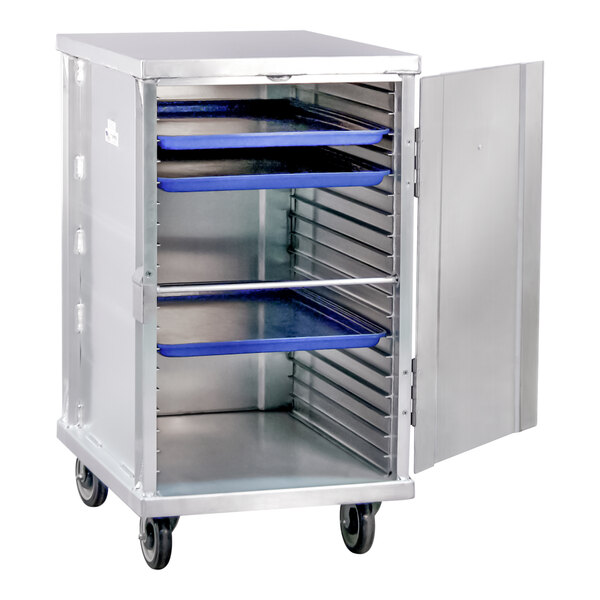 A heavy-duty, mobile aluminum enclosed sheet pan rack with an open door, holding several blue half-size pans on adjustable shelves.