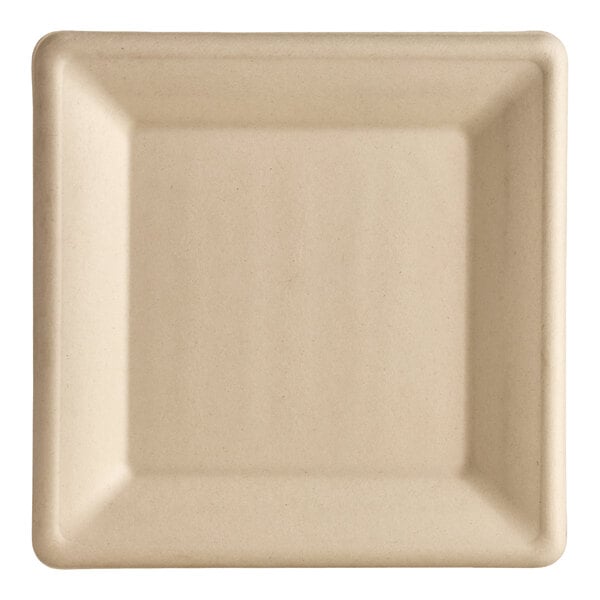 A plain, square, beige compostable fiber plate.