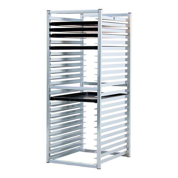 A heavy-duty aluminum sheet pan rack designed to hold 24 full-size pans in an end-load configuration.
