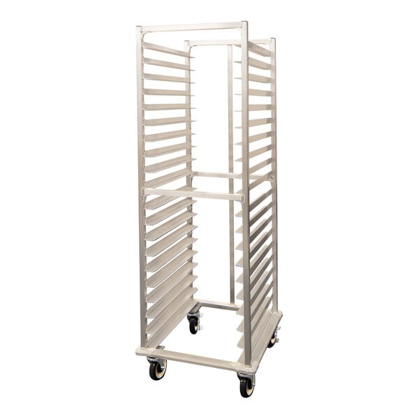 A heavy-duty aluminum mobile sheet pan rack with 20 end-load slots, bumpers, and a pan stop.