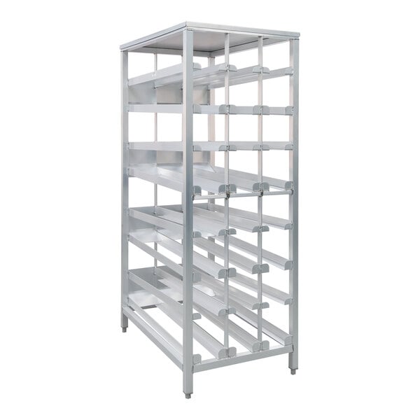 A heavy-duty full-size aluminum stationary FIFO can rack designed to hold #10 cans.
