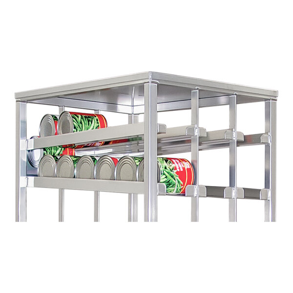 A heavy-duty full-size aluminum stationary can rack designed for FIFO storage of #10 cans.