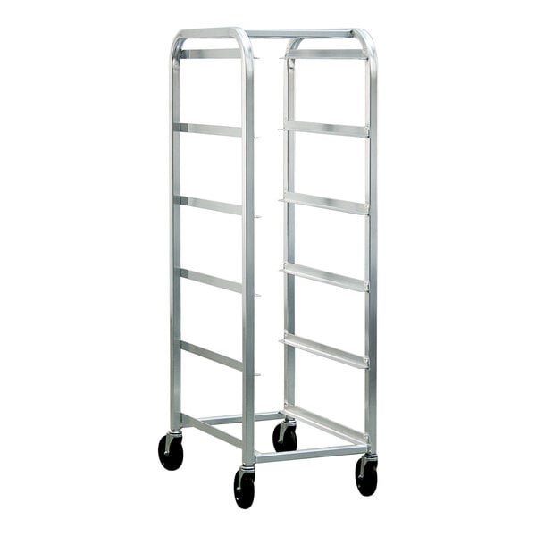 An aluminum lug dolly with five slots and four caster wheels designed for transporting lugs.