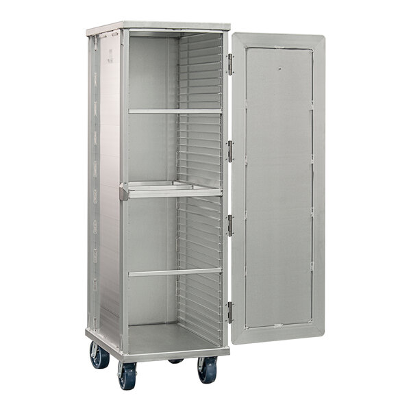 A full-size mobile aluminum enclosed sheet pan rack with three shelves and an open front door, designed to hold up to 38 pans.