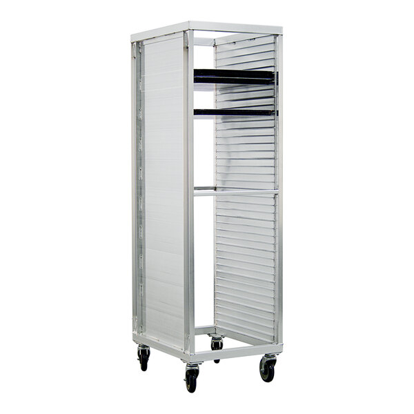 A heavy-duty full-size mobile aluminum sheet pan rack with enclosed sides and multiple pan slots.