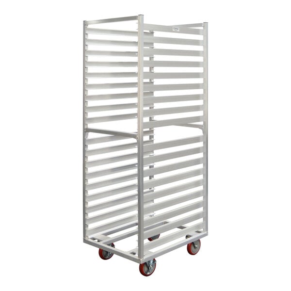 A heavy-duty aluminum mobile rack with multiple side-load slots for holding up to 36 full-size pans, designed for use in refrigerators or proofers.