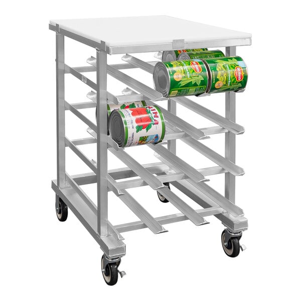 A heavy-duty half-size aluminum mobile can rack with a food-grade HDPE top, designed to hold #10 and #5 cans.