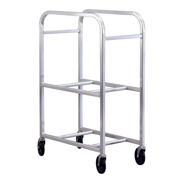 A metal lug dolly or busing cart with a three-lug design and four caster wheels.