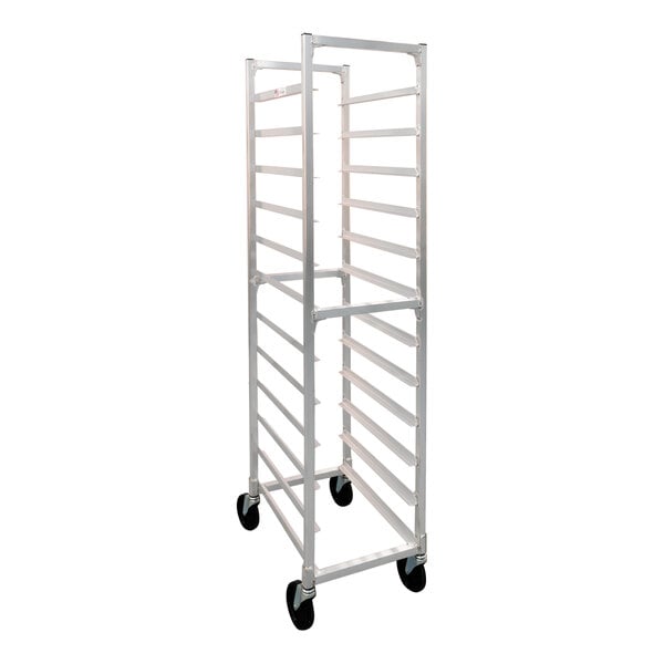 A heavy-duty aluminum mobile rack designed to hold 10 full-size steam table pans.