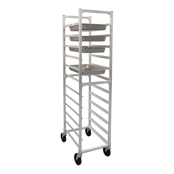 A heavy-duty aluminum mobile rack designed to hold up to 10 full-size steam table pans.
