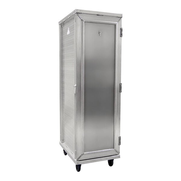 A heavy-duty, full-size, enclosed aluminum sheet pan rack with a front door and casters for mobility.